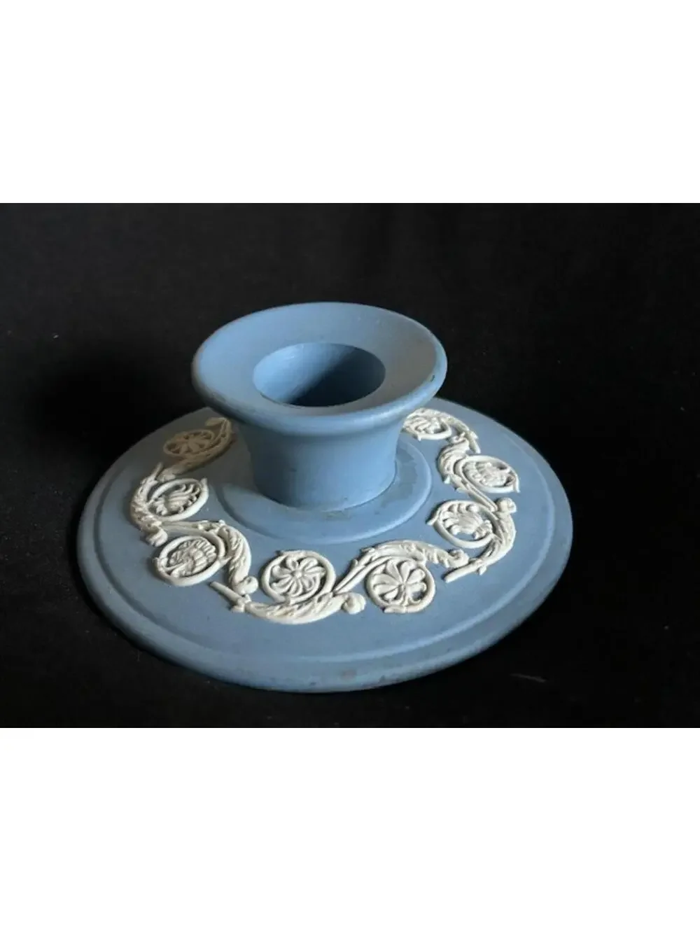 Vintage Blue Ceramic Candle Holder with White Decorative Detailing